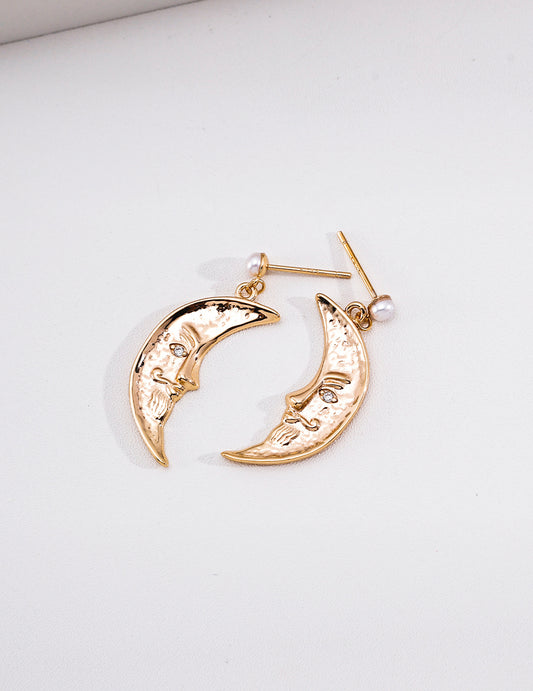 S925 Silver Crescent Moon Face Pearl Drop Earrings, Greek Selene Mythology Vintage Dangle Earrings