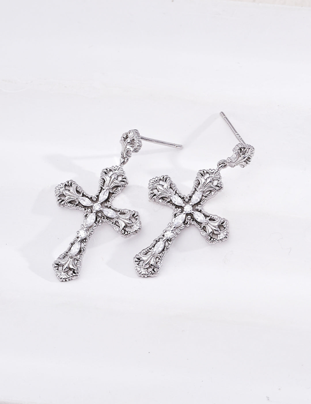 S925 Silver Vintage Ornate Cross‑Style Dangle Earrings, Filigree Cubic Zirconia Drop Earrings