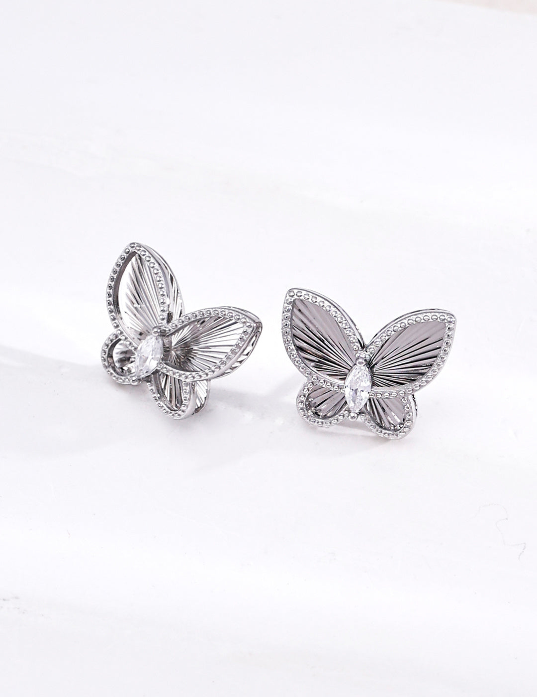 S925 Sterling Silver Butterfly Stud Earrings, CNC 3D Embossed Wings with CZ Stones