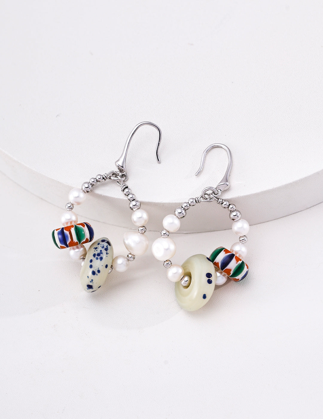Hand‑blown Glass Pearl Hoop Earrings | Handmade Lampwork Glass Earrings, Unique Boho Statement Dangle Earrings