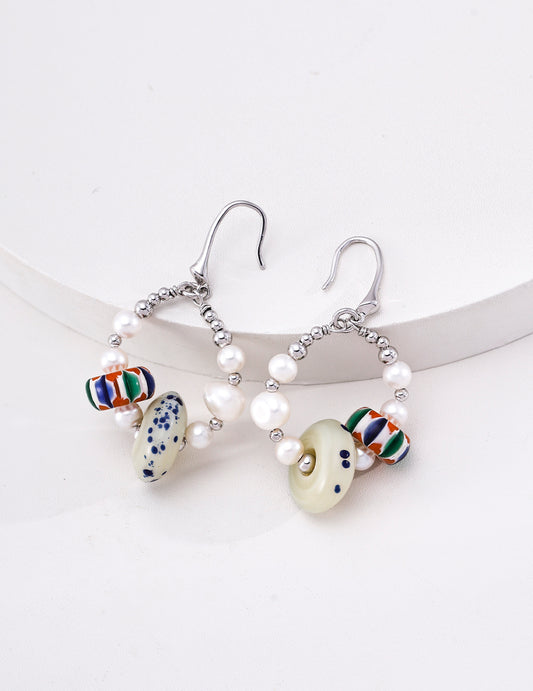 Hand‑blown Glass Pearl Hoop Earrings | Handmade Lampwork Glass Earrings, Unique Boho Statement Dangle Earrings