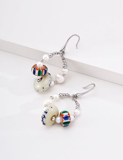 Hand‑blown Glass Pearl Hoop Earrings | Handmade Lampwork Glass Earrings, Unique Boho Statement Dangle Earrings