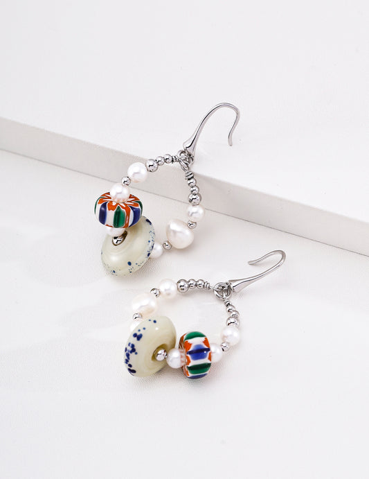 Hand‑blown Glass Pearl Hoop Earrings | Handmade Lampwork Glass Earrings, Unique Boho Statement Dangle Earrings