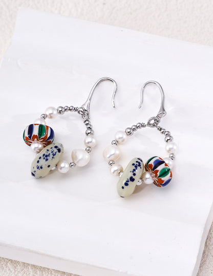 Hand‑blown Glass Pearl Hoop Earrings | Handmade Lampwork Glass Earrings, Unique Boho Statement Dangle Earrings