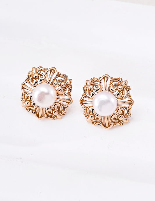 S925 Natural Pearl Hoop Earrings Vintage Floral Design Dainty Fine Jewelry For Women