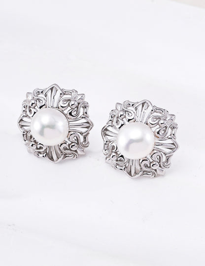 S925 Natural Pearl Hoop Earrings Vintage Floral Design Dainty Fine Jewelry For Women