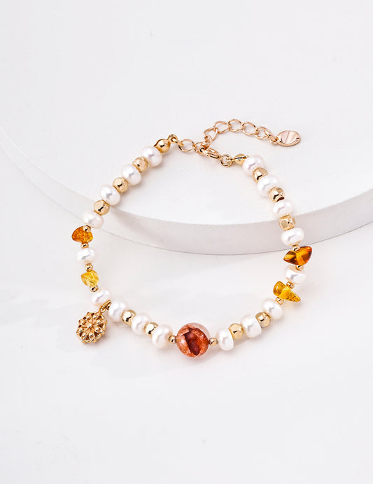 S925 Pearl Crystal Beaded Bracelet Vintage Gold Adjustable Fine Jewelry for Women