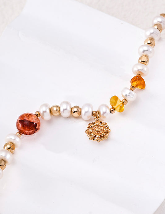 S925 Pearl Crystal Beaded Bracelet Vintage Gold Adjustable Fine Jewelry for Women