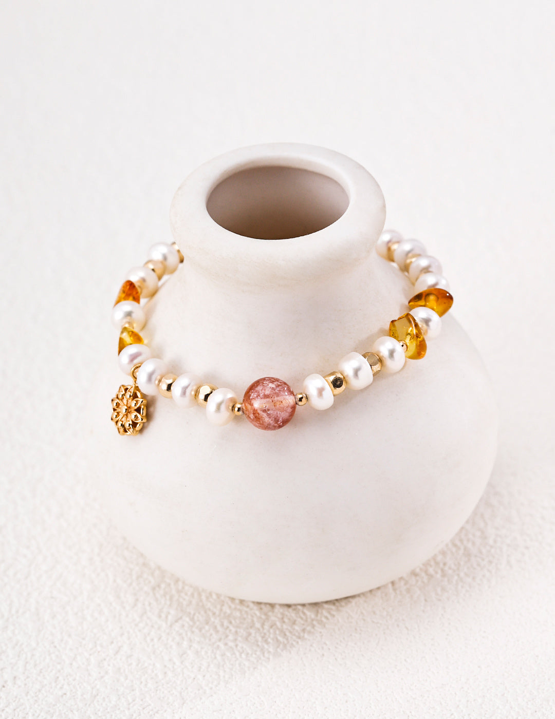 S925 Pearl Crystal Beaded Bracelet Vintage Gold Adjustable Fine Jewelry for Women