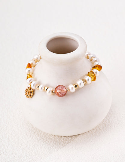 S925 Pearl Crystal Beaded Bracelet Vintage Gold Adjustable Fine Jewelry for Women