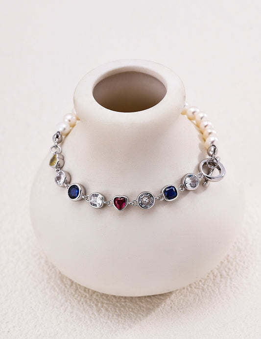 Half Freshwater Pearl & Multicolor Cubic Zirconia Bracelet, Vintage Bezel‑Set Gemstone Chain Bracelet