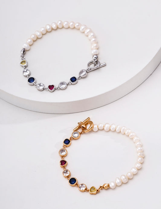 Half Freshwater Pearl & Multicolor Cubic Zirconia Bracelet, Vintage Bezel‑Set Gemstone Chain Bracelet