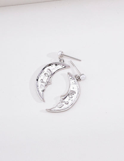 S925 Silver Crescent Moon Face Pearl Drop Earrings, Greek Selene Mythology Vintage Dangle Earrings