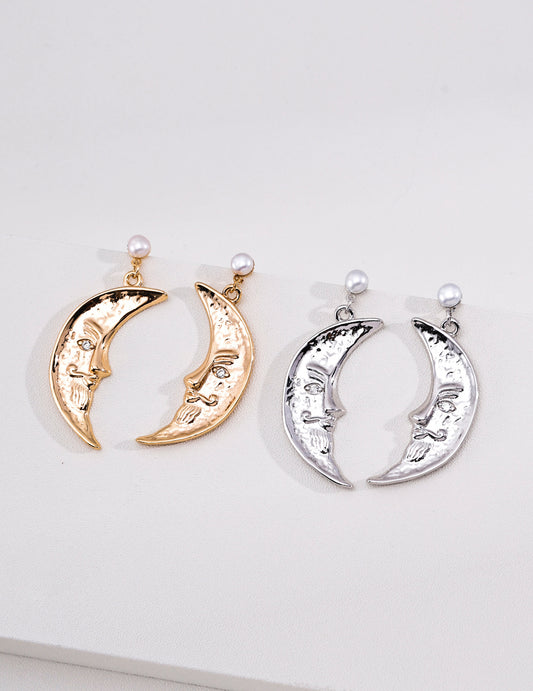 S925 Silver Crescent Moon Face Pearl Drop Earrings, Greek Selene Mythology Vintage Dangle Earrings