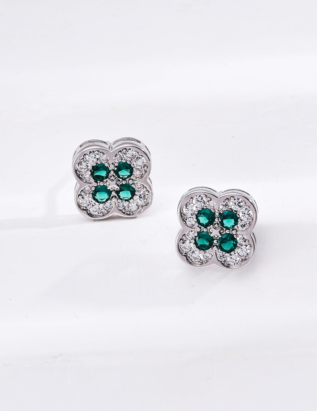 S925 Silver Clover Cubic Zirconia Stud Earrings, Lucky Four‑Leaf Clover Gemstone Earrings