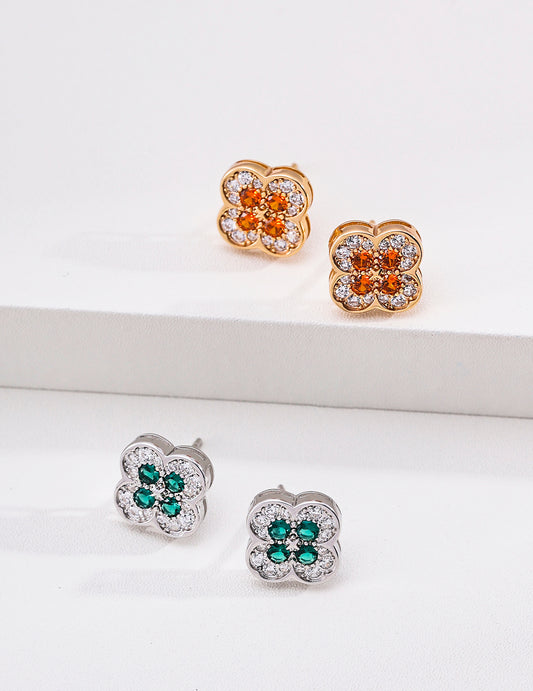 S925 Silver Clover Cubic Zirconia Stud Earrings, Lucky Four‑Leaf Clover Gemstone Earrings