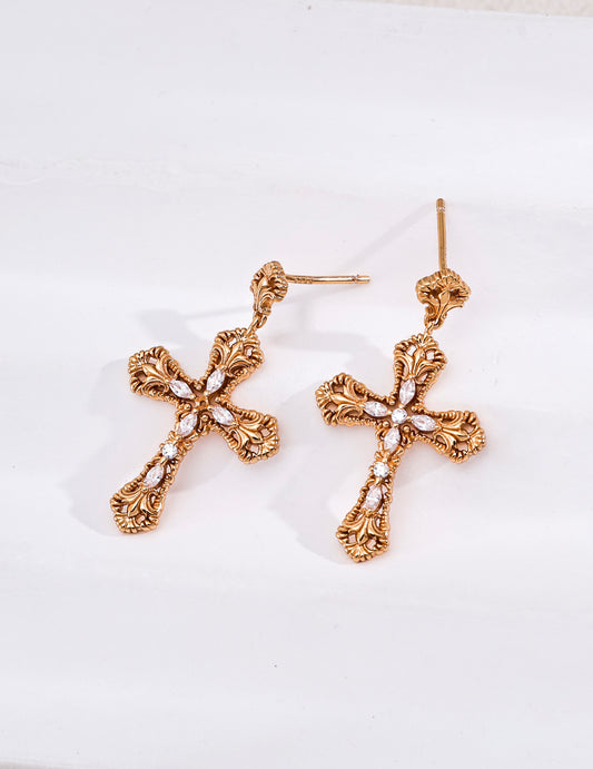 S925 Silver Vintage Ornate Cross‑Style Dangle Earrings, Filigree Cubic Zirconia Drop Earrings