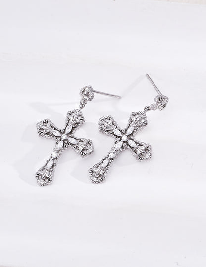 S925 Silver Vintage Ornate Cross‑Style Dangle Earrings, Filigree Cubic Zirconia Drop Earrings