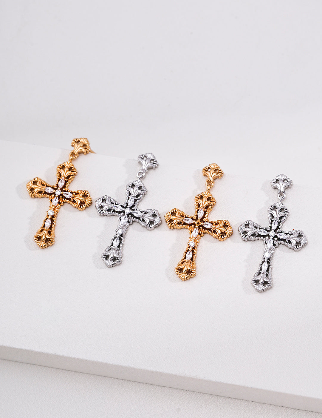 S925 Silver Vintage Ornate Cross‑Style Dangle Earrings, Filigree Cubic Zirconia Drop Earrings
