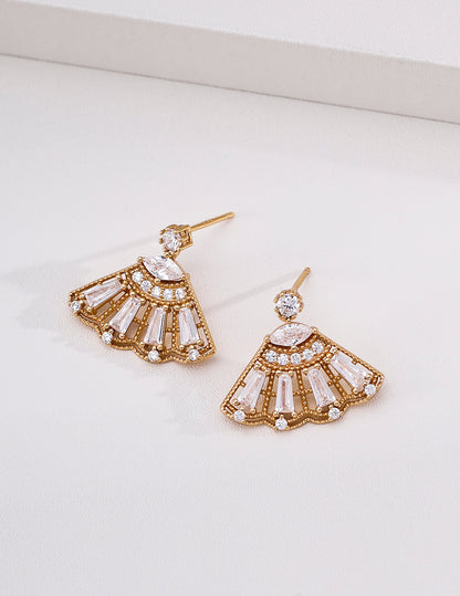S925 Sterling Silver Fan Shaped Drop Earrings Cubic Zirconia Dangle Earrings for Women