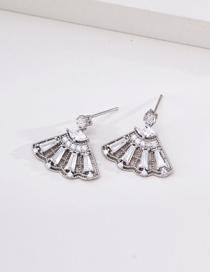 S925 Sterling Silver Fan Shaped Drop Earrings Cubic Zirconia Dangle Earrings for Women