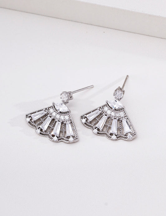 S925 Sterling Silver Fan Shaped Drop Earrings Cubic Zirconia Dangle Earrings for Women