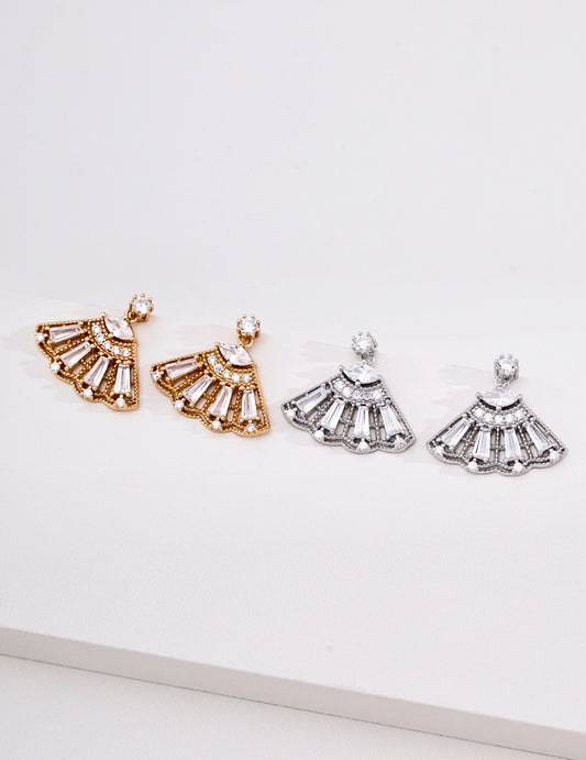 S925 Sterling Silver Fan Shaped Drop Earrings Cubic Zirconia Dangle Earrings for Women