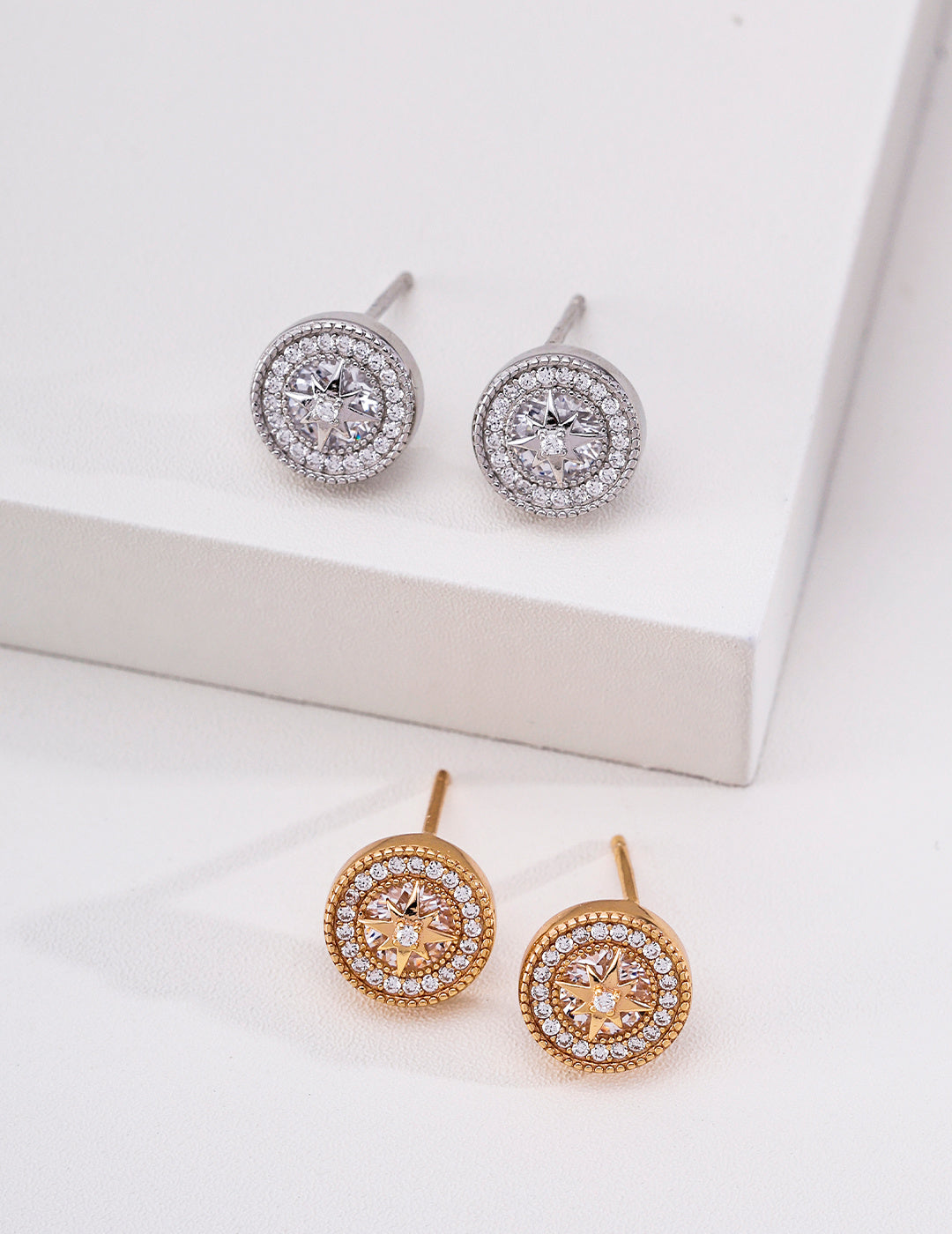 S925 Sterling Silver Compass Star Stud Earrings Cubic Zirconia Studs for Women