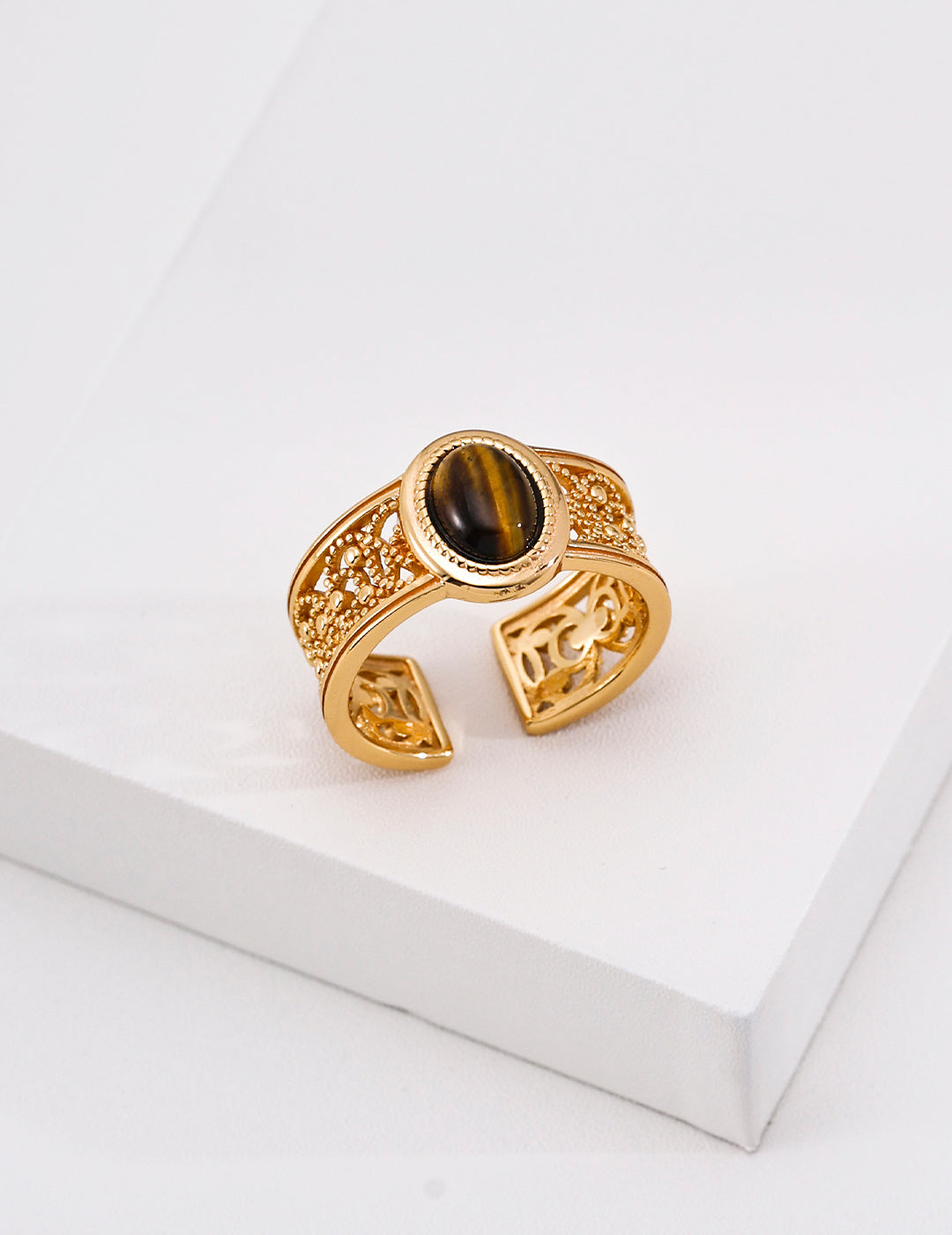 S925 Sterling Silver Vintage Tiger's Eye Open Ring Natural Gemstone Adjustable Ring for Women