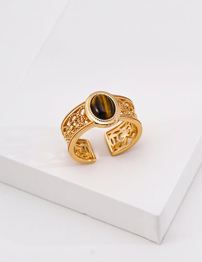 S925 Sterling Silver Vintage Tiger's Eye Open Ring Natural Gemstone Adjustable Ring for Women
