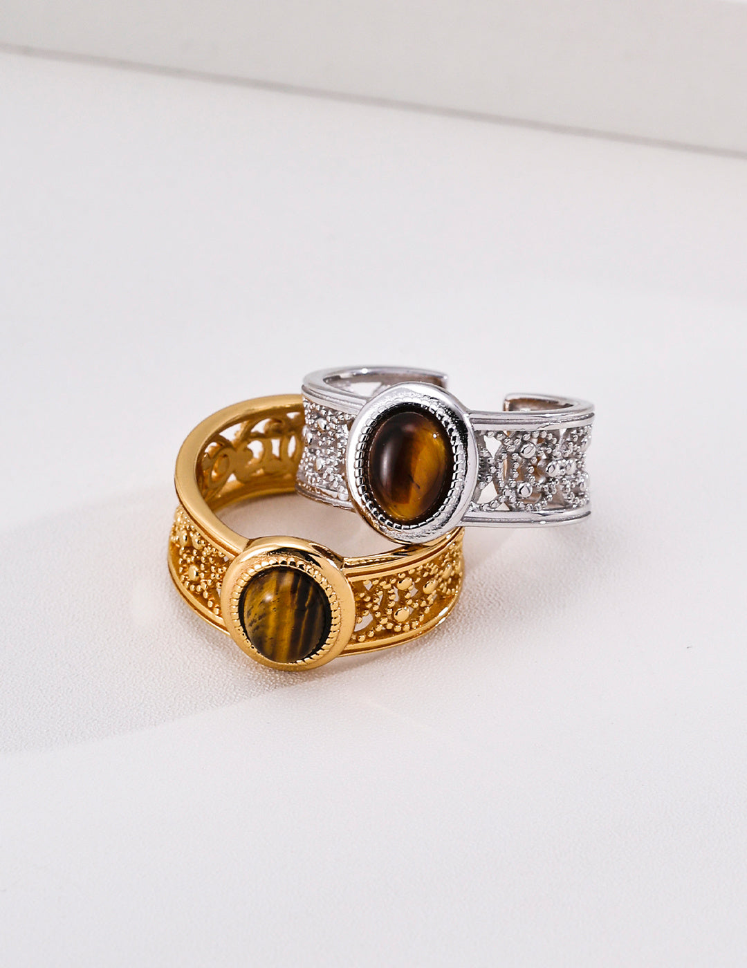 S925 Sterling Silver Vintage Tiger's Eye Open Ring Natural Gemstone Adjustable Ring for Women
