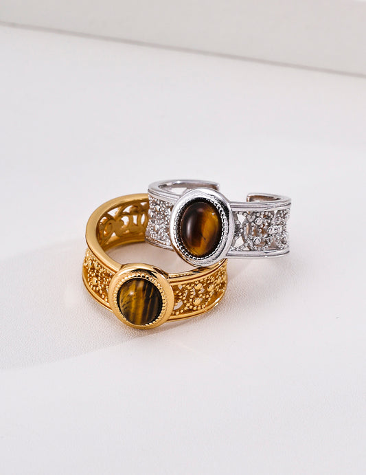 S925 Sterling Silver Vintage Tiger's Eye Open Ring Natural Gemstone Adjustable Ring for Women