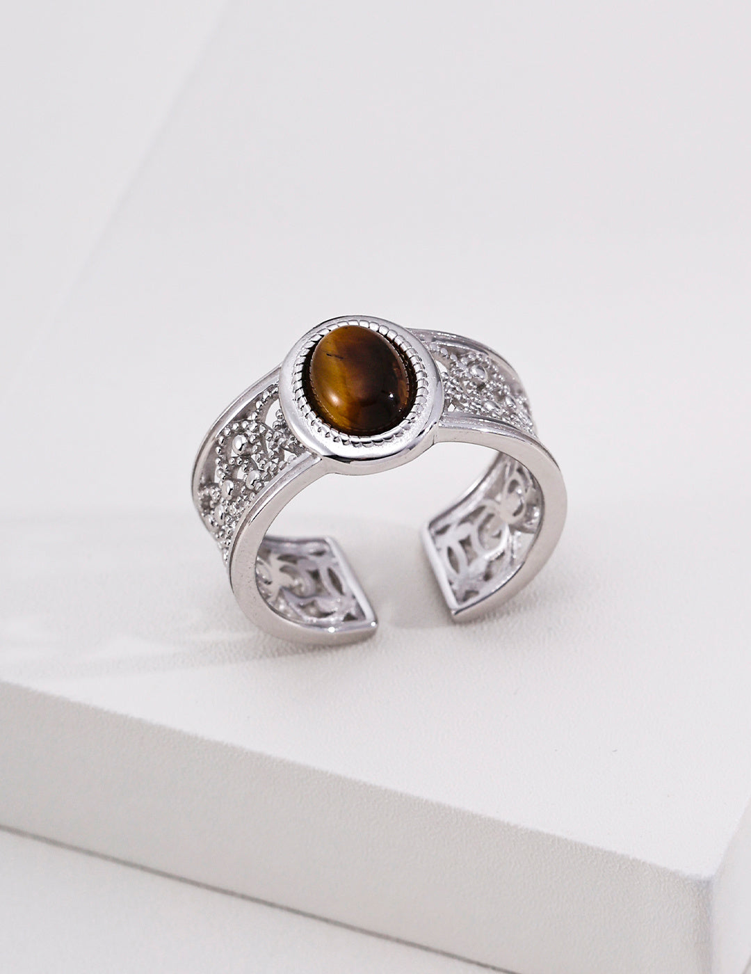 S925 Sterling Silver Vintage Tiger's Eye Open Ring Natural Gemstone Adjustable Ring for Women