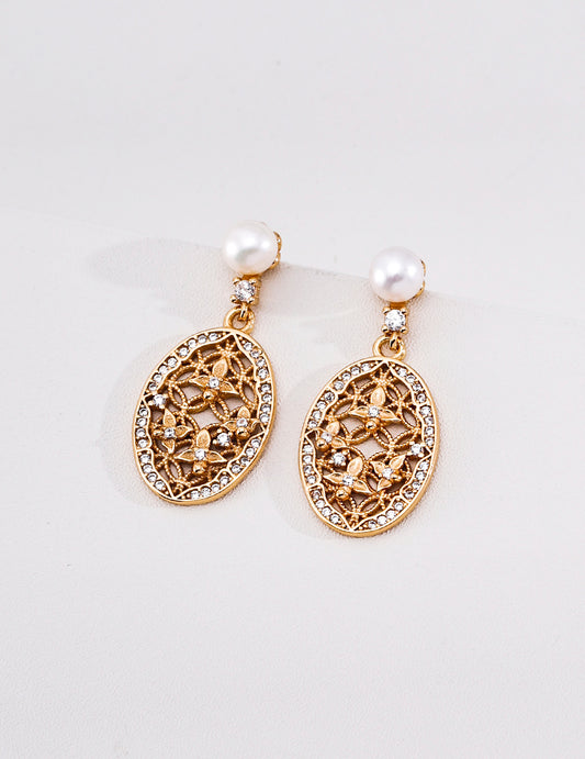 S925 Sterling Silver Vintage Palace Dangle Earrings Natural Pearl Cubic Zirconia Filigree Drop Earrings for Women