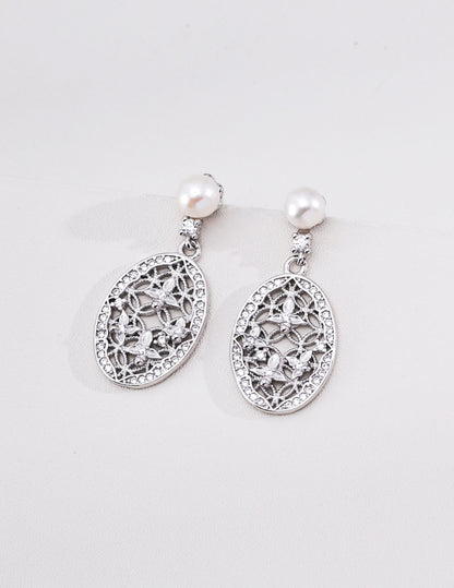 S925 Sterling Silver Vintage Palace Dangle Earrings Natural Pearl Cubic Zirconia Filigree Drop Earrings for Women