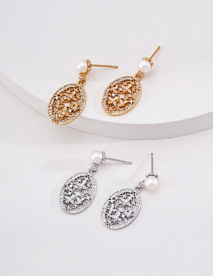 S925 Sterling Silver Vintage Palace Dangle Earrings Natural Pearl Cubic Zirconia Filigree Drop Earrings for Women