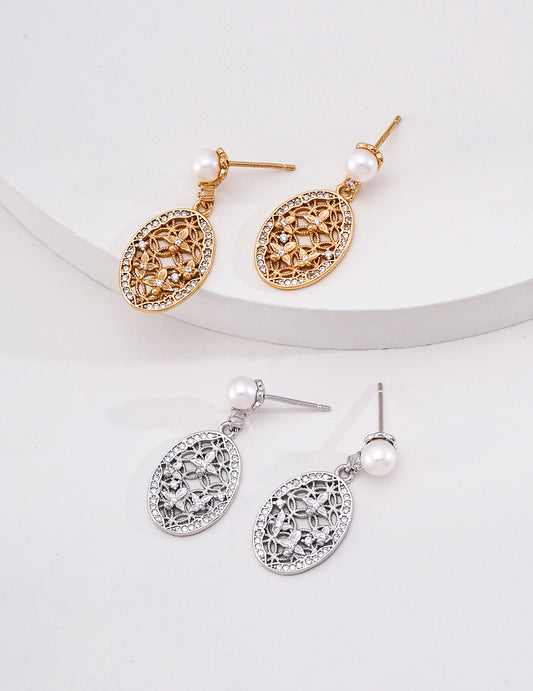 S925 Sterling Silver Vintage Palace Dangle Earrings Natural Pearl Cubic Zirconia Filigree Drop Earrings for Women