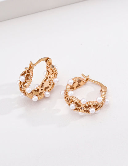 Retro S925 Silver Vintage Imitation Pearl Beaded Hoop Earrings