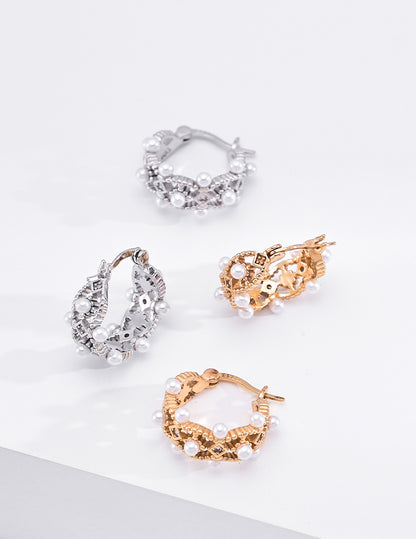 Retro S925 Silver Vintage Imitation Pearl Beaded Hoop Earrings