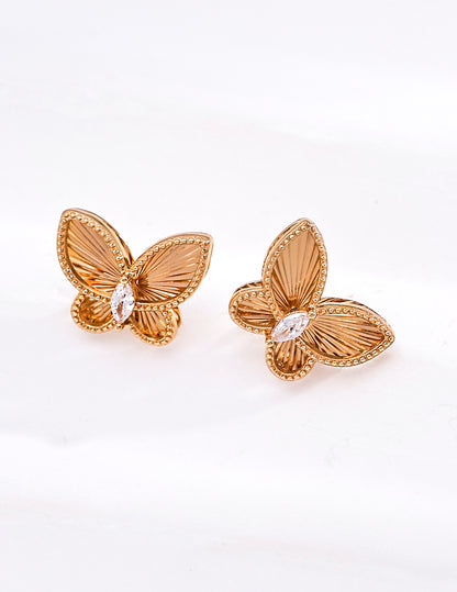 S925 Sterling Silver Butterfly Stud Earrings, CNC 3D Embossed Wings with CZ Stones