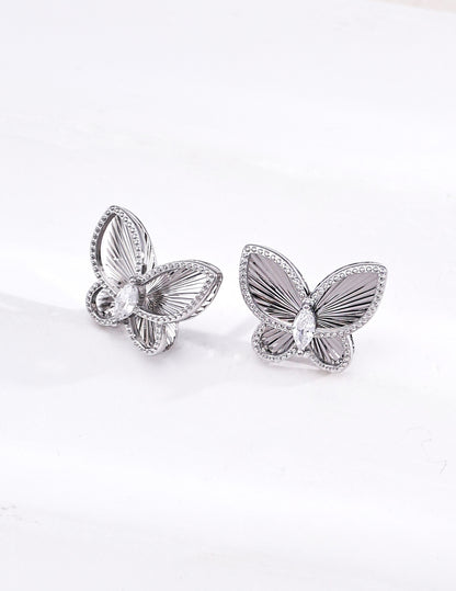 S925 Sterling Silver Butterfly Stud Earrings, CNC 3D Embossed Wings with CZ Stones