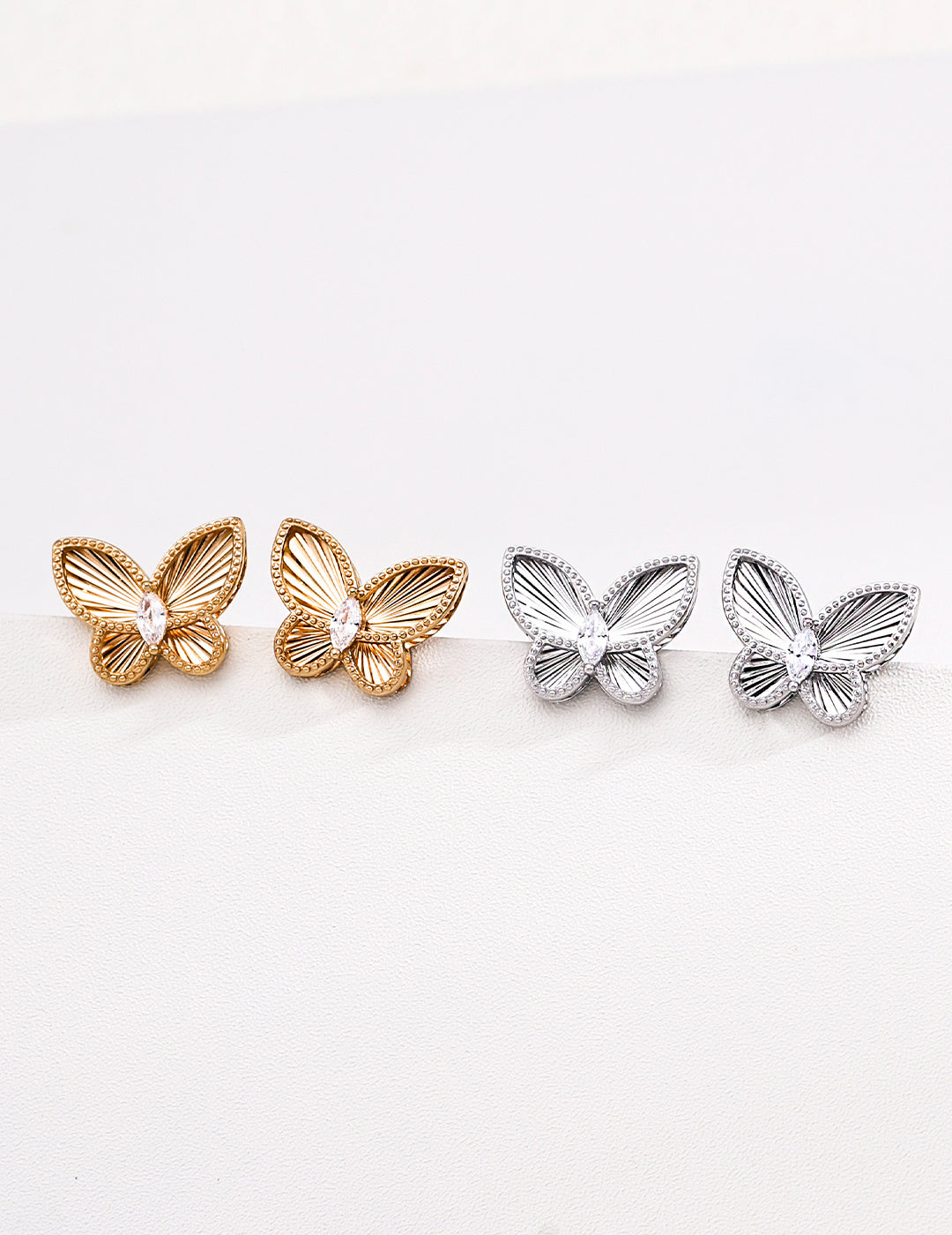 S925 Sterling Silver Butterfly Stud Earrings, CNC 3D Embossed Wings with CZ Stones