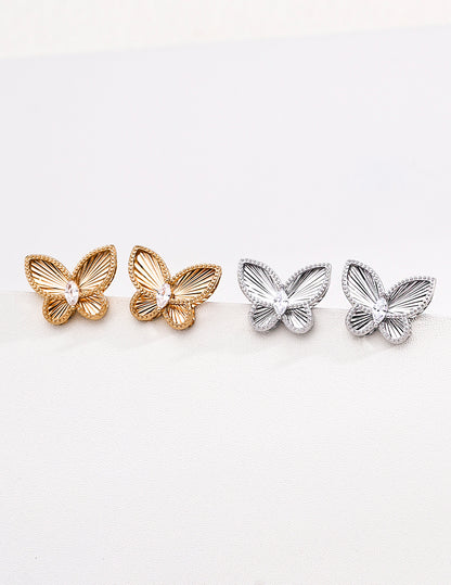 S925 Sterling Silver Butterfly Stud Earrings, CNC 3D Embossed Wings with CZ Stones